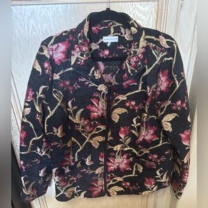 Susan Graver Floral Embroidered Jacket Zip Up Shoulder Pads Pockets Tassle‎